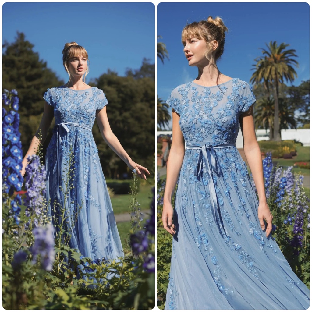 Mac Duggal Blue Floral Embellished Cap Sleeve Gown Size 12